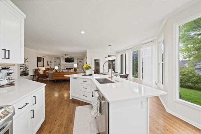 kitchen featuring a sink, light countertops, light wood-style floors, and stainless steel appliances