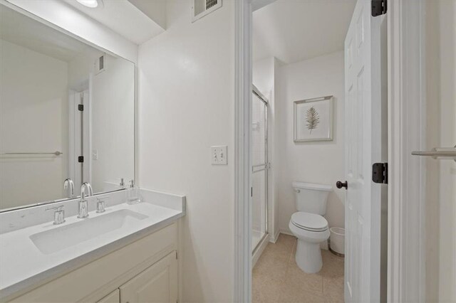 full bathroom featuring visible vents, a shower stall, vanity, tile patterned floors, and toilet