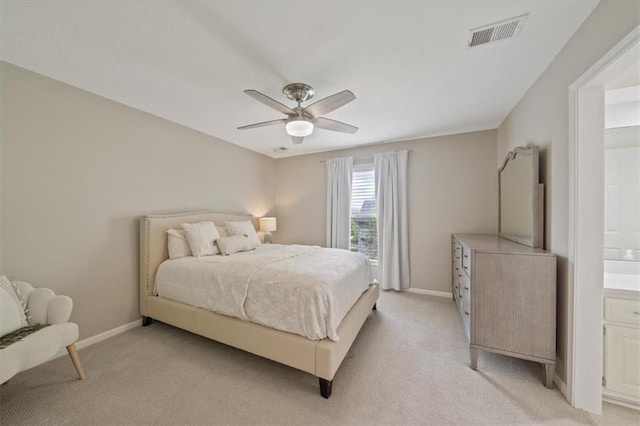 bedroom with visible vents, baseboards, ceiling fan, and light carpet