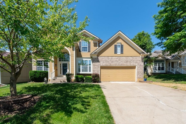 6512 N Fisk Ct, Kansas City, MO 64151 - view of front of property featuring driveway, a front lawn, brick siding, and an attached garage