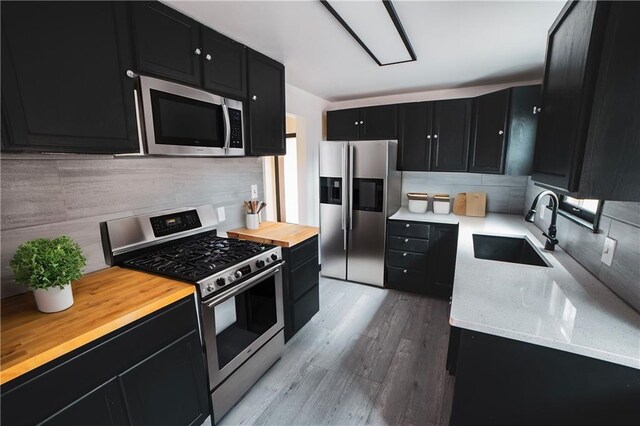 kitchen featuring dark cabinetry, appliances with stainless steel finishes, a sink, and tasteful backsplash