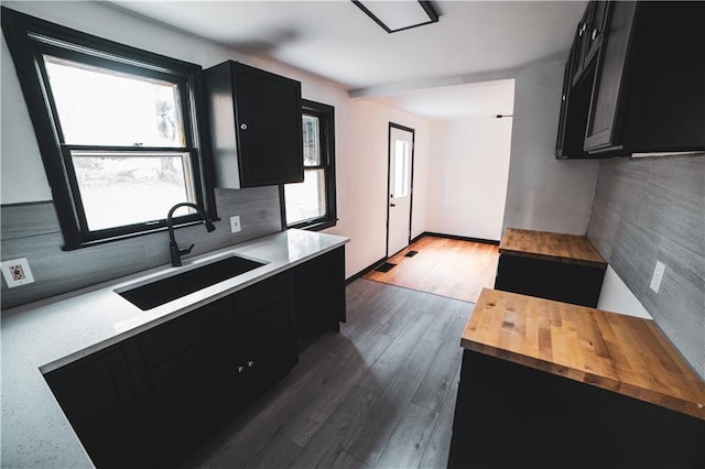 kitchen with butcher block counters, wood finished floors, dark cabinets, a sink, and backsplash
