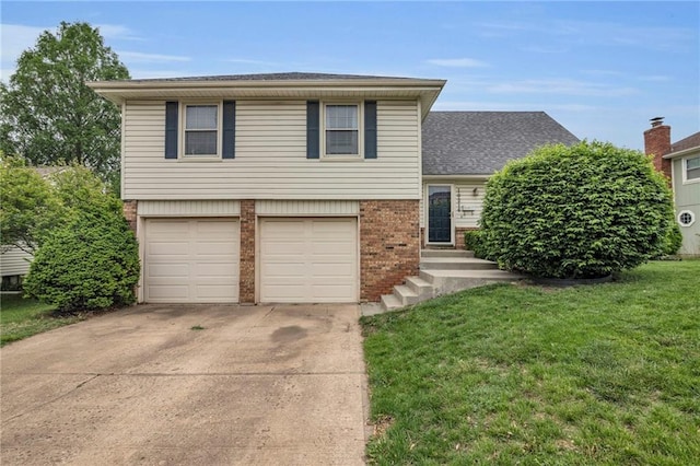 view of front of property with brick siding, concrete driveway, a garage, a front lawn, and roof with shingles