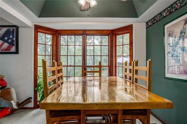 interior space featuring carpet flooring, baseboards, ceiling fan, and a tray ceiling