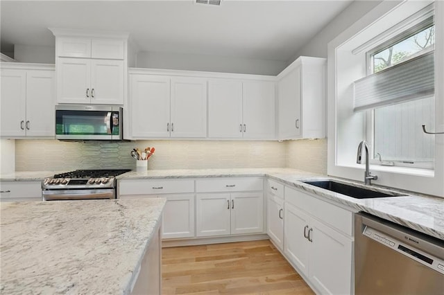kitchen with white cabinetry, tasteful backsplash, a sink, light wood finished floors, and appliances with stainless steel finishes