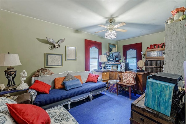 636 S Fuller Ave, Independence, MO 64052 - carpeted living room featuring ceiling fan
