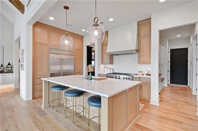 kitchen featuring tasteful backsplash, custom range hood, a sink, light wood-style flooring, and stainless steel appliances