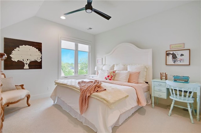 bedroom featuring ceiling fan, light colored carpet, recessed lighting, lofted ceiling, and visible vents