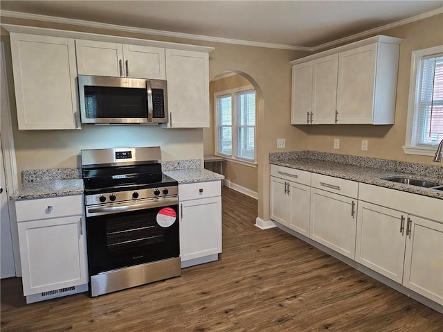kitchen featuring stainless steel appliances, dark wood-style floors, a sink, and plenty of natural light