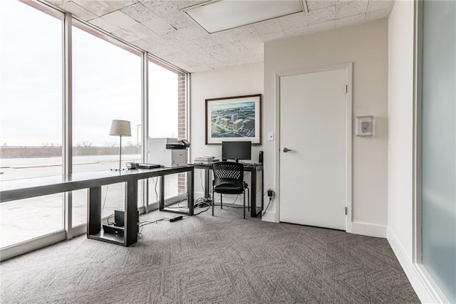 office area with plenty of natural light, baseboards, carpet floors, and a wall of windows