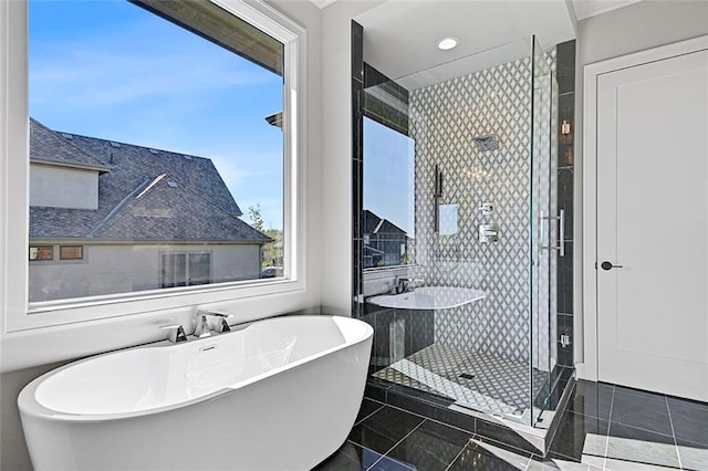 12605 W 170th St, Overland Park, KS 66221 - full bathroom featuring a freestanding tub, a shower stall, and tile patterned floors