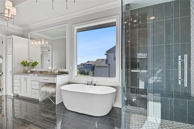 12605 W 170th St, Overland Park, KS 66221 - full bath with a chandelier, crown molding, vanity, a freestanding bath, and a shower stall
