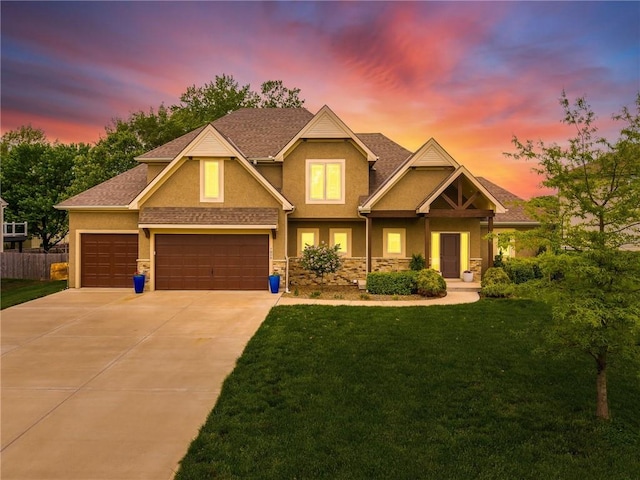 7804 NW Lynns Ln, Weatherby Lake, MO 64152 - craftsman-style home with stucco siding, concrete driveway, a garage, and stone siding
