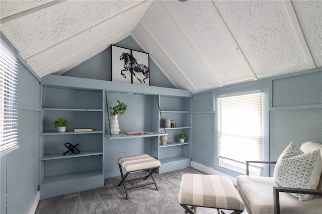 living area with carpet floors and vaulted ceiling