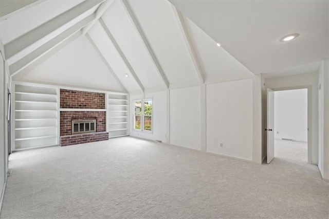 4071 SW Royale Ct, Lees Summit, MO 64082 - unfurnished living room with built in shelves, carpet flooring, and a brick fireplace