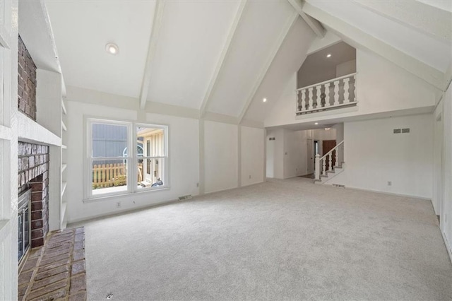4071 SW Royale Ct, Lees Summit, MO 64082 - unfurnished living room with beamed ceiling, a brick fireplace, carpet floors, high vaulted ceiling, and stairway
