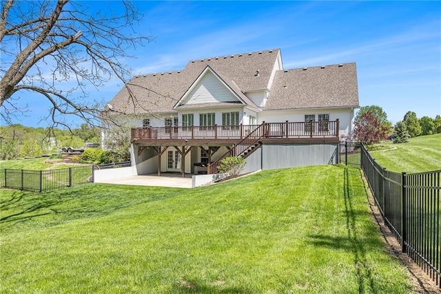 back of house with a patio, a fenced backyard, stairs, and a deck