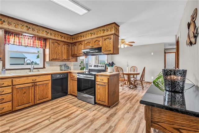 19890 State Highway C, Pattonsburg, MO 64670 - kitchen featuring dishwasher, stainless steel electric stove, a sink, under cabinet range hood, and brown cabinets