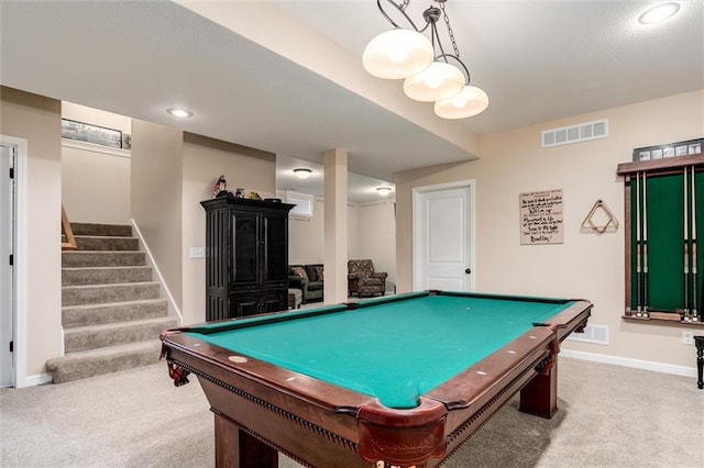 925 SW Ovation Dr, Lees Summit, MO 64081 - rec room with carpet flooring, recessed lighting, pool table, baseboards, and visible vents