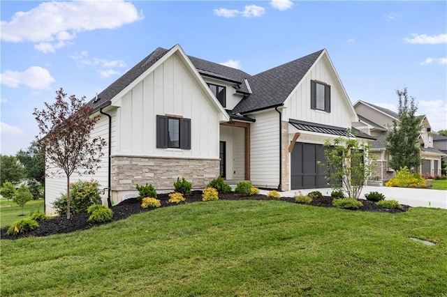 10675 W 142nd Ter, Overland Park, KS 66221 - modern farmhouse with board and batten siding, an attached garage, driveway, a shingled roof, and a standing seam roof