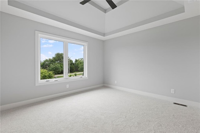 10675 W 142nd Ter, Overland Park, KS 66221 - spare room featuring carpet flooring, a ceiling fan, and a tray ceiling