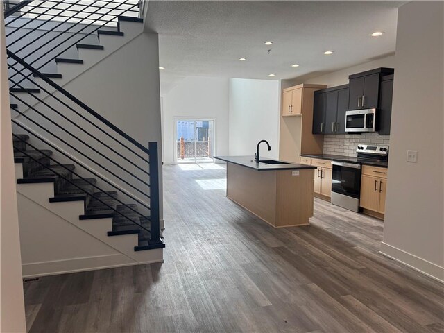22150 W 116th Ter, Olathe, KS 66061 - kitchen featuring a sink, appliances with stainless steel finishes, wood finished floors, and dark countertops