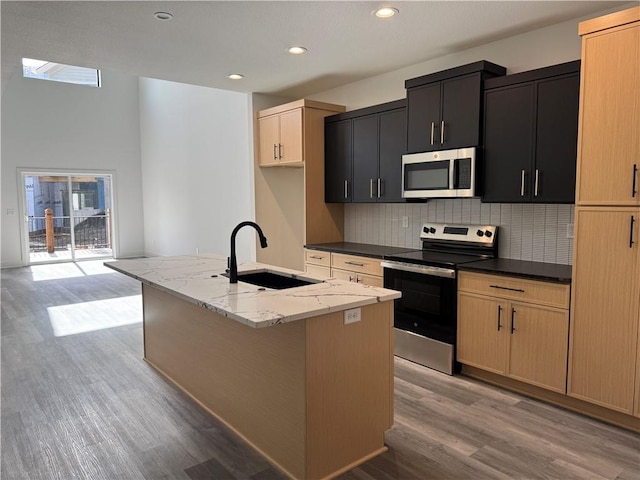 kitchen with a kitchen island with sink, a sink, light wood-style flooring, backsplash, and stainless steel appliances