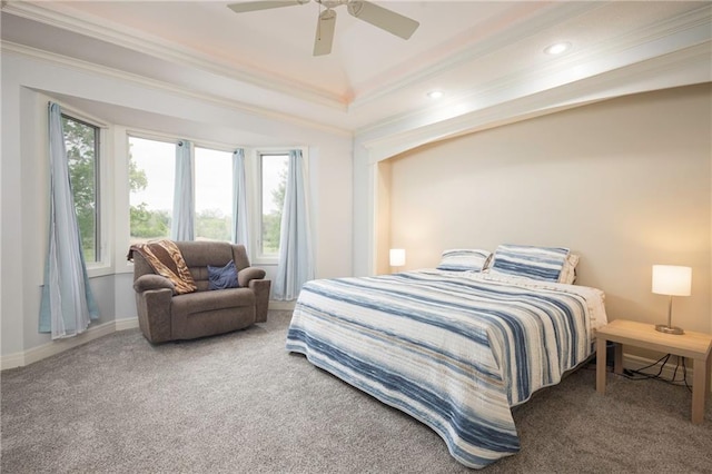 bedroom with carpet floors, ornamental molding, baseboards, recessed lighting, and a ceiling fan