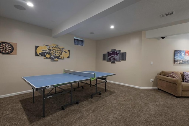 rec room with visible vents, beam ceiling, baseboards, carpet, and recessed lighting