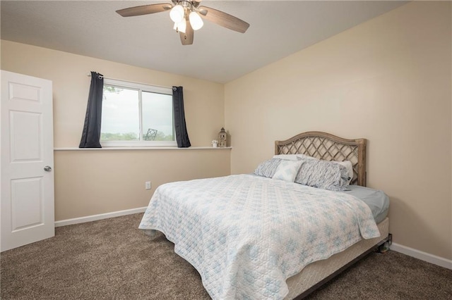 carpeted bedroom with baseboards, ceiling fan, and lofted ceiling