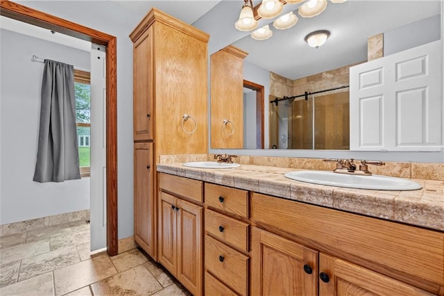 19707 E State Route A, Archie, MO 64725 - bathroom with a stall shower, double vanity, and baseboards