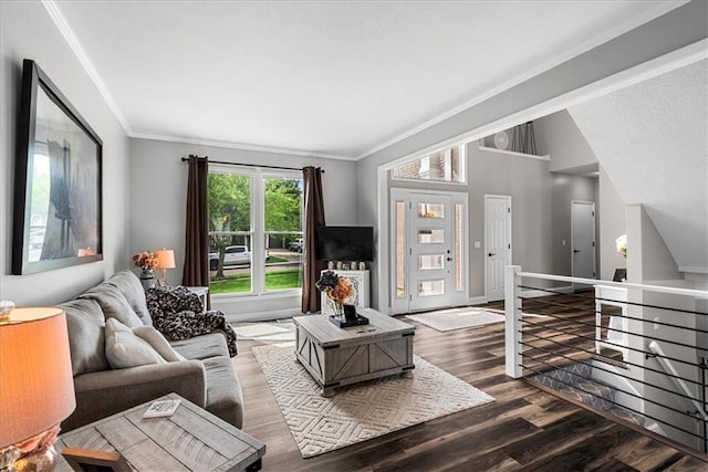 living area featuring ornamental molding and wood finished floors