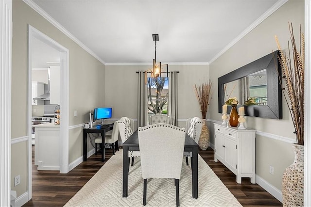dining space with a wealth of natural light, ornamental molding, and dark wood-type flooring