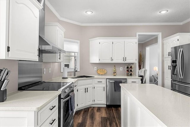 kitchen featuring white cabinets, stainless steel appliances, and dark wood-style floors