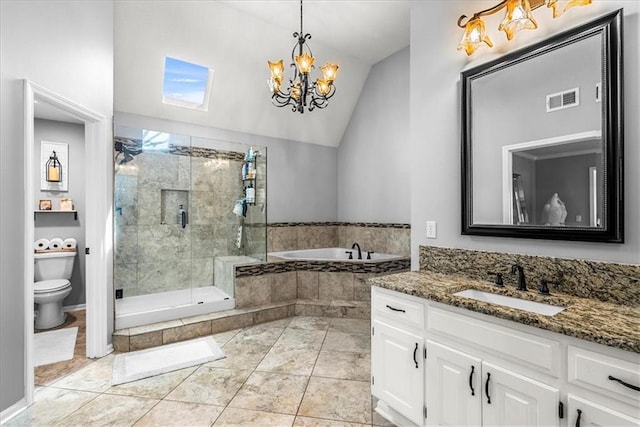 full bath featuring a notable chandelier, vaulted ceiling, visible vents, a garden tub, and a stall shower