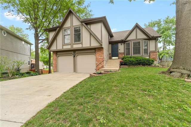 tudor-style house featuring a front yard, stucco siding, brick siding, concrete driveway, and an attached garage