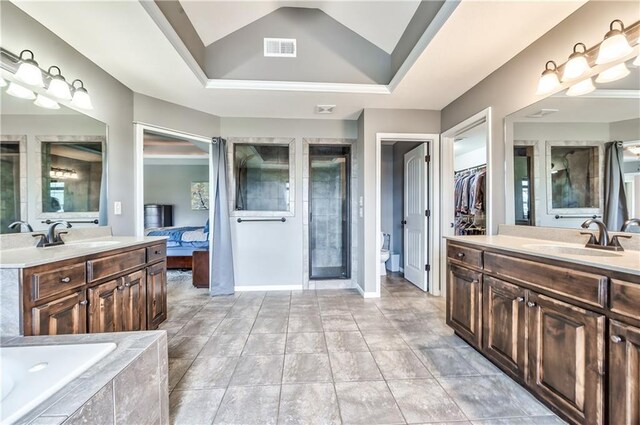 bathroom with visible vents, a shower stall, a sink, and a raised ceiling