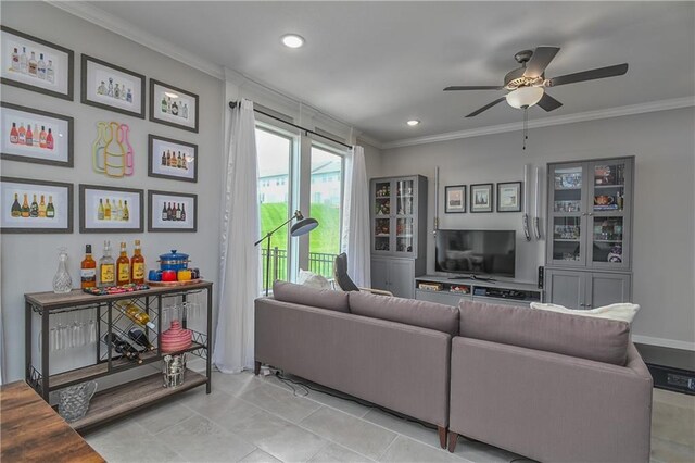 16223 Moon Shot St, Parkville, MO 64152 - living room featuring recessed lighting, ornamental molding, ceiling fan, and light tile patterned floors