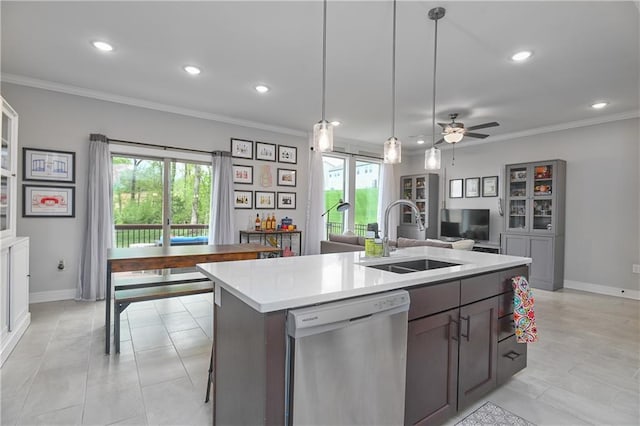 16223 Moon Shot St, Parkville, MO 64152 - kitchen with a sink, a kitchen island with sink, stainless steel dishwasher, and a healthy amount of sunlight