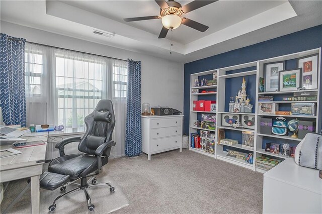 16223 Moon Shot St, Parkville, MO 64152 - carpeted office featuring visible vents, a raised ceiling, and ceiling fan
