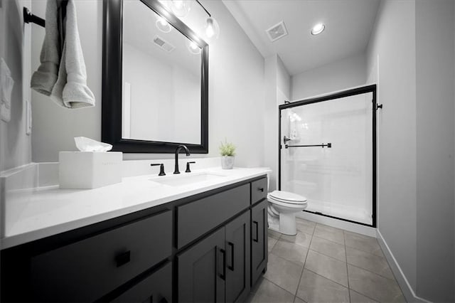 full bathroom with visible vents, vanity, toilet, tile patterned floors, and a stall shower