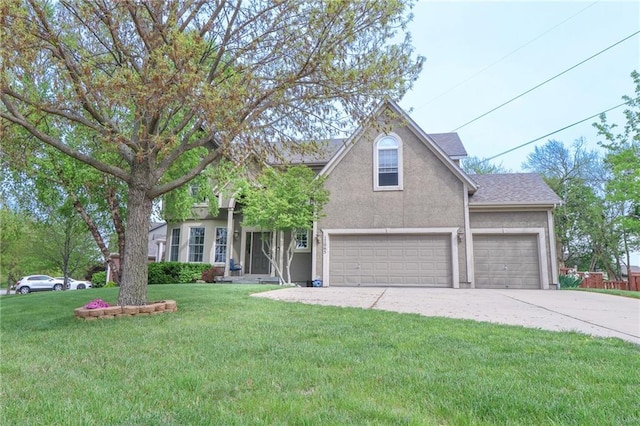 17065 W 162nd St, Olathe, KS 66062 - traditional-style home with driveway, roof with shingles, a front yard, an attached garage, and stucco siding