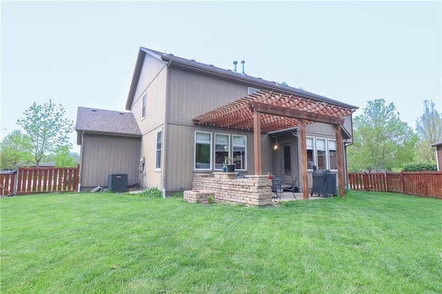 17065 W 162nd St, Olathe, KS 66062 - back of property with a pergola, a fenced backyard, central AC unit, a lawn, and a patio