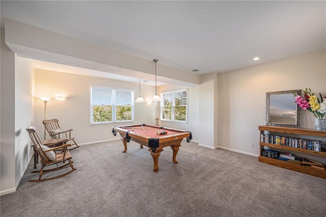game room featuring pool table, baseboards, carpet, and recessed lighting