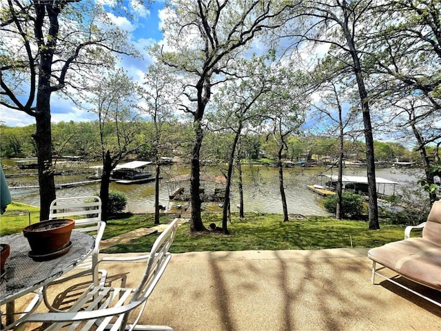 exterior space with a water view