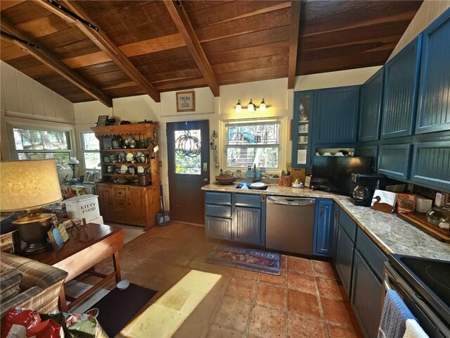 kitchen featuring stainless steel appliances, lofted ceiling with beams, wood ceiling, and blue cabinets