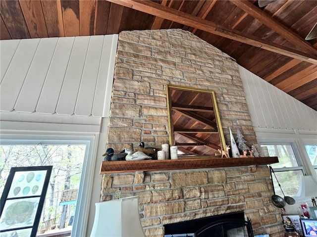 interior details with wooden ceiling and a stone fireplace