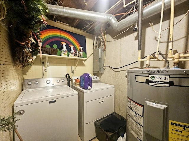 clothes washing area featuring laundry area, washing machine and clothes dryer, electric panel, and electric water heater