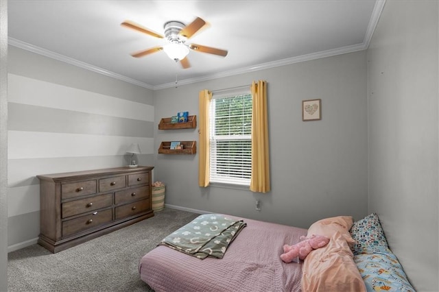 bedroom with crown molding, a ceiling fan, baseboards, and carpet floors