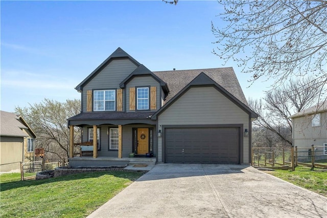 craftsman inspired home with fence, an attached garage, a front yard, concrete driveway, and covered porch